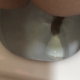 This video shows a rearward view of a girl shitting into a toilet. Nice plopping sounds with visible action.